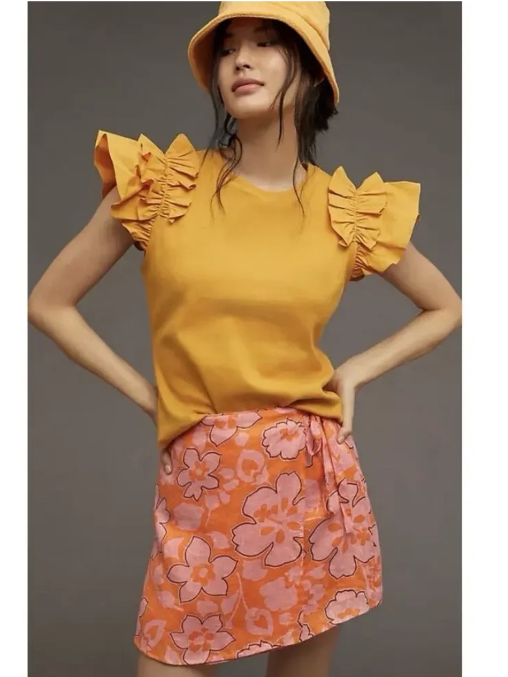 Anthropologie Mustard‎ Yellow Ruffle Sleeve Ribbed Top Women’s size Small